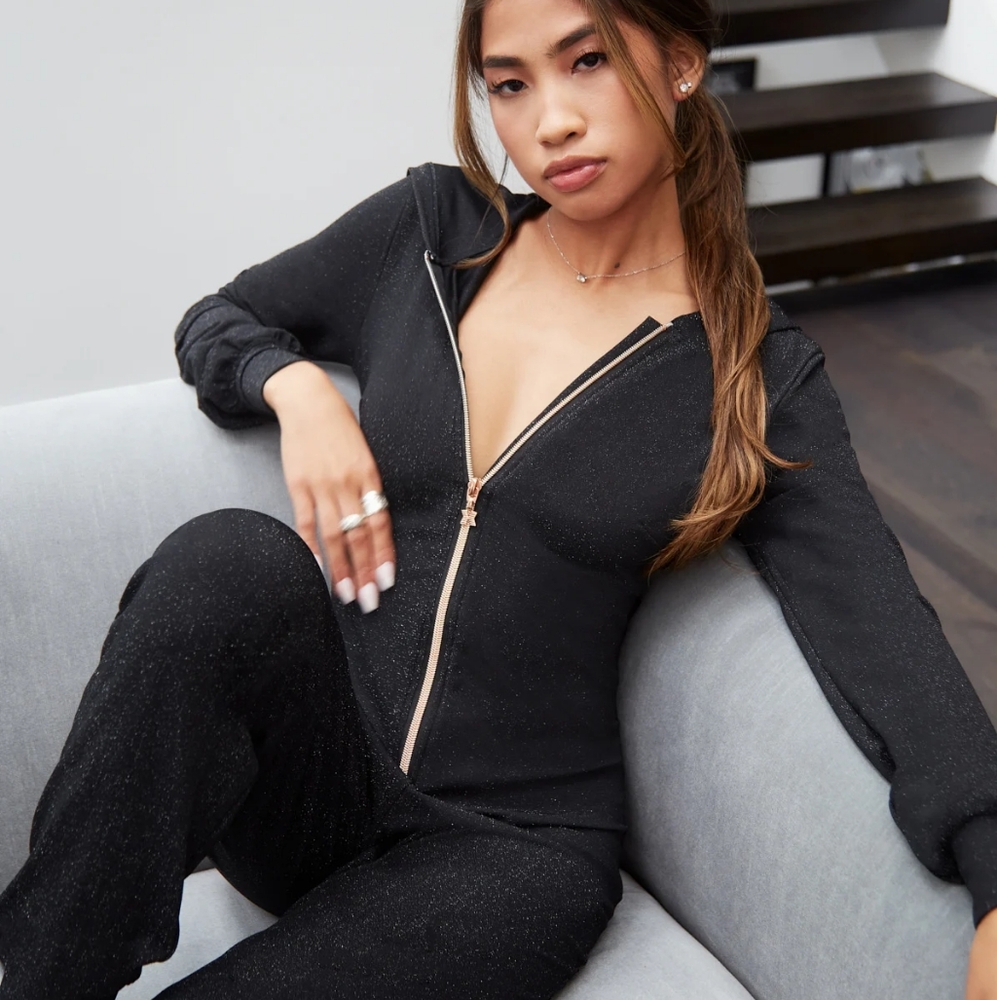 Savage x Fenty black metallic sparkly pajama onesie sz L NEW Sleep & Shine hood